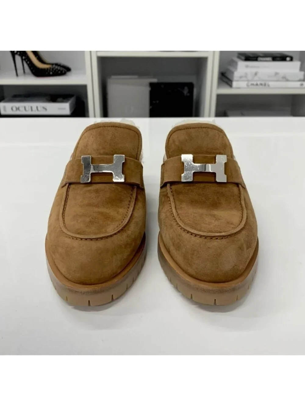 Hermes Suede H Fleece Sandals Brown